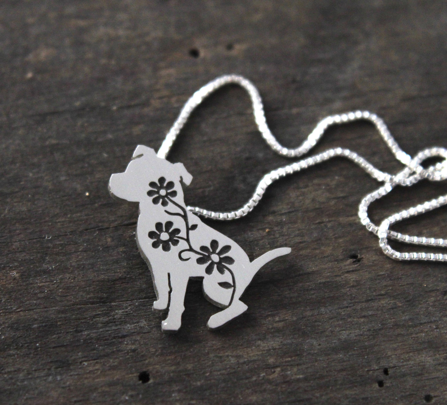 Floral Pitbull Pendant, sterling silver engraved necklace