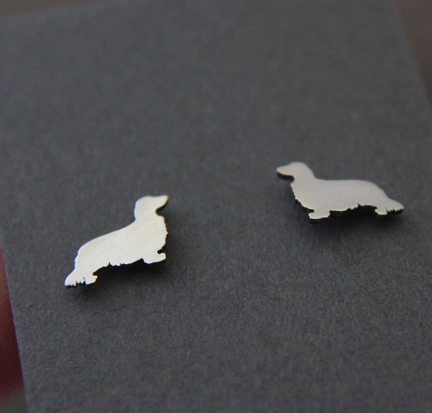 Long haired Dachshund dog earrings, sterling silver studs