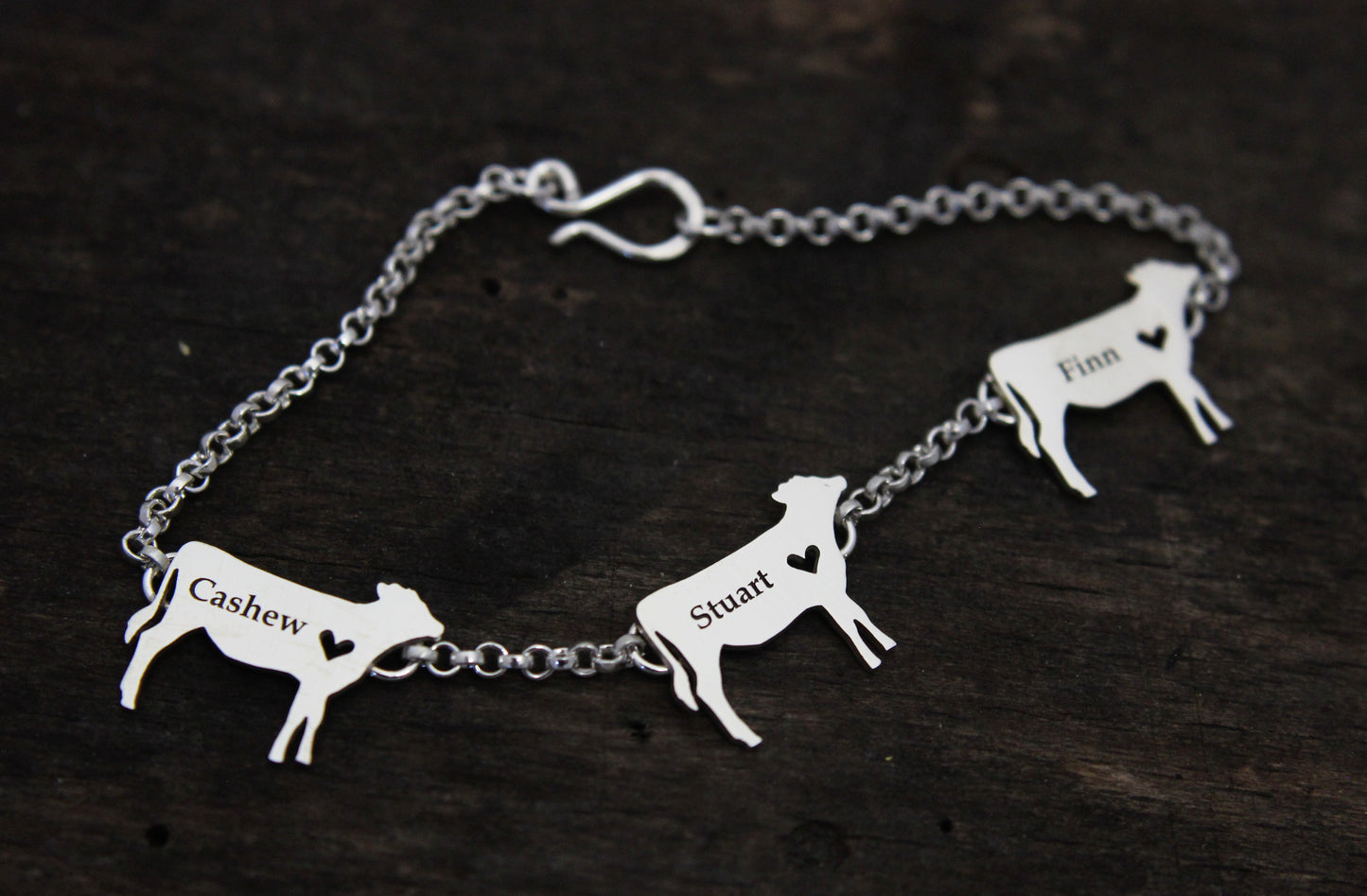 Cow Bracelet, engraved sterling silver charm bracelet