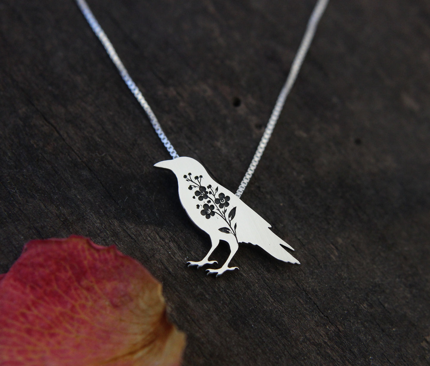 Crow necklace: Sterling silver Forget-me-not Crow pendant