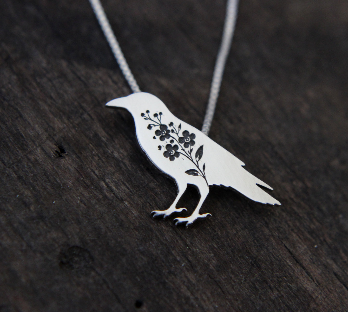 Crow necklace: Sterling silver Forget-me-not Crow pendant