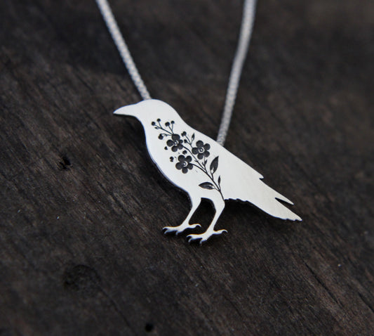 Crow necklace: Sterling silver Forget-me-not Crow pendant