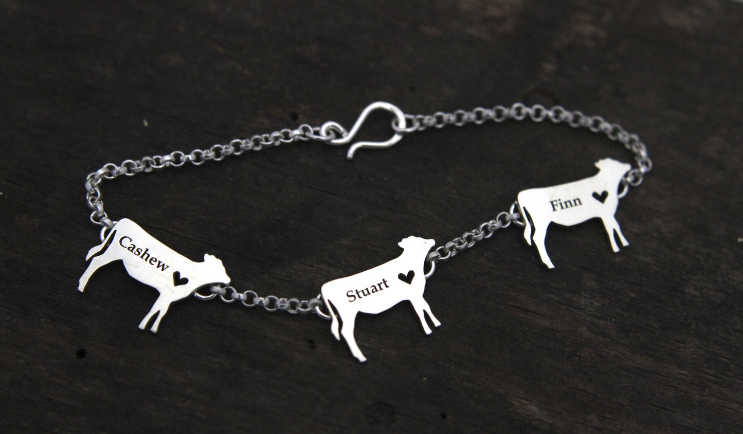 Cow Bracelet, engraved sterling silver charm bracelet