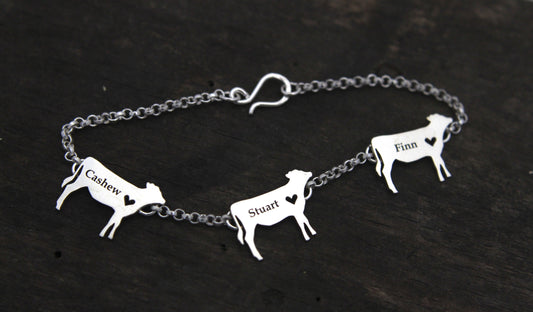 Cow Bracelet, engraved sterling silver charm bracelet