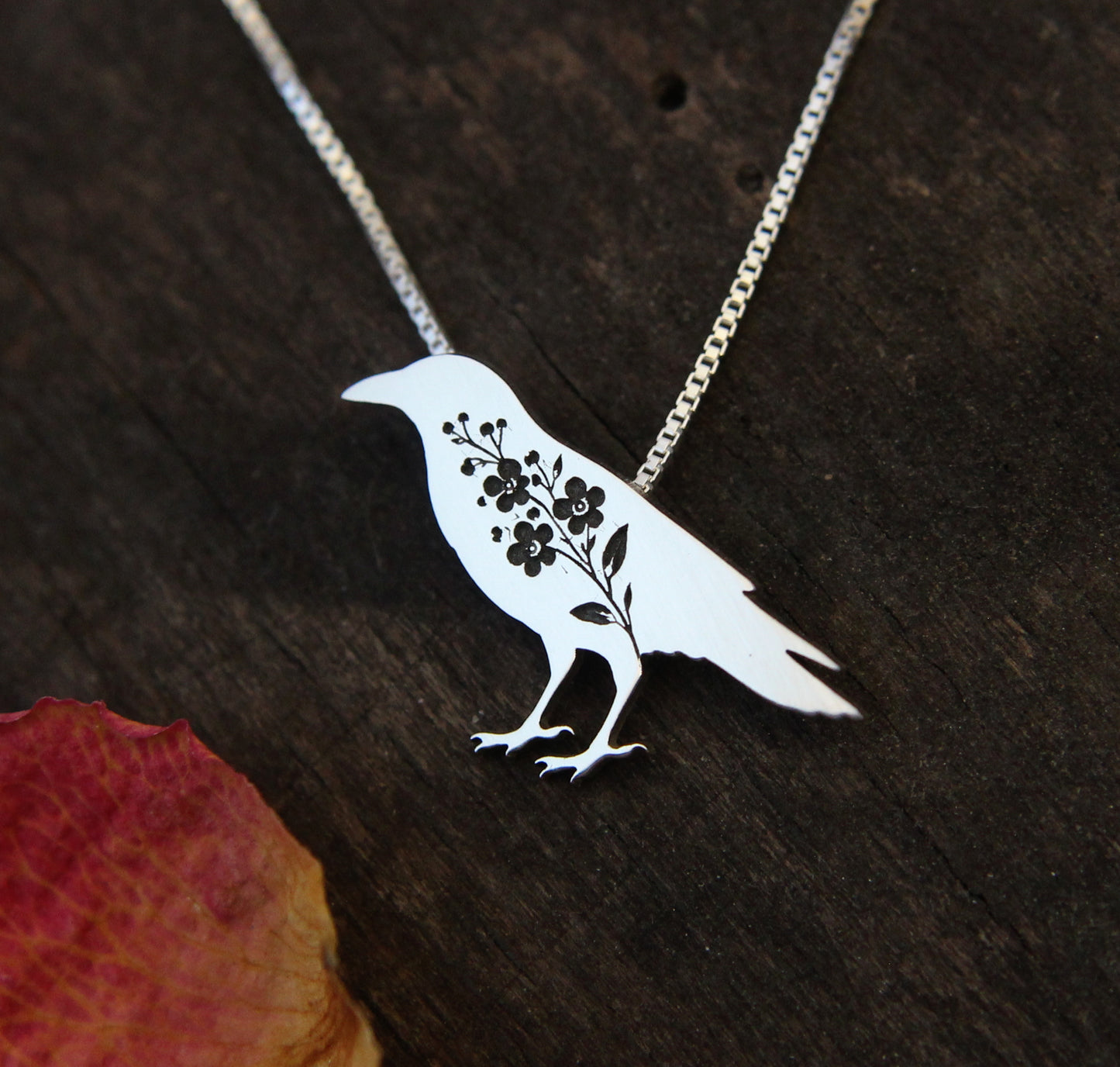 Crow necklace: Sterling silver Forget-me-not Crow pendant