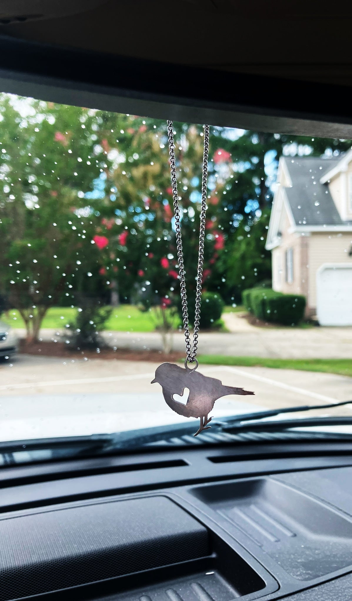 Song bird rear view mirror puzzle charm, and sterling silver heart necklace