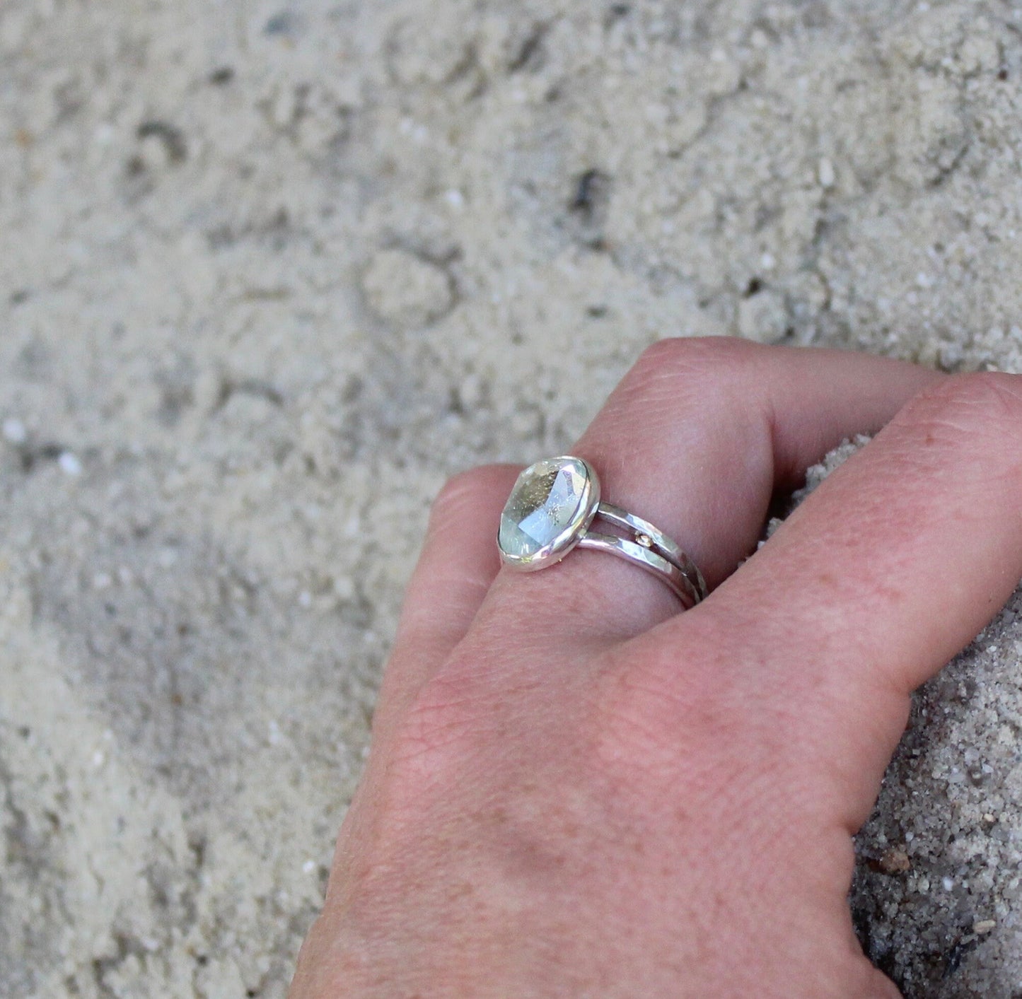 Aquamarine rose cut ring, 14k gold accents, OOAK, Hand made